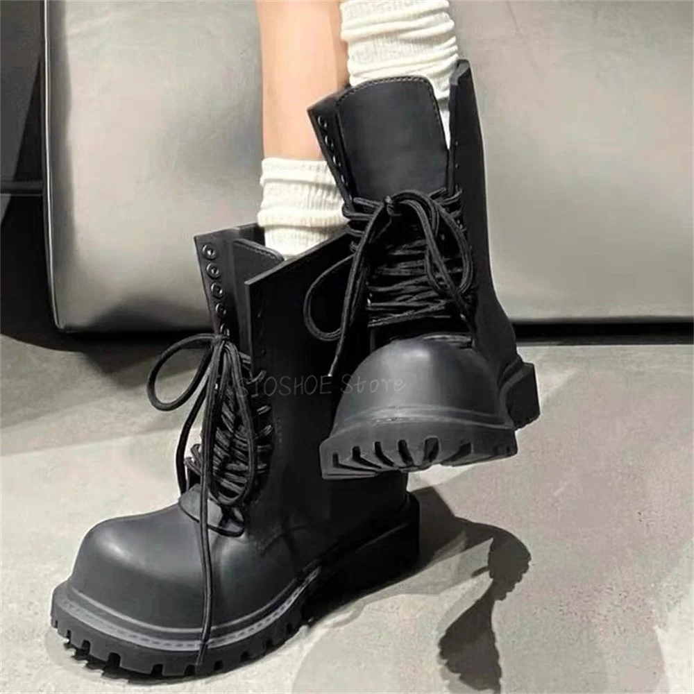 厚底黒ブーツ男性のための新しい女性ダービー親指レースアップブ - Chelsea Boots Men のレビューと価格