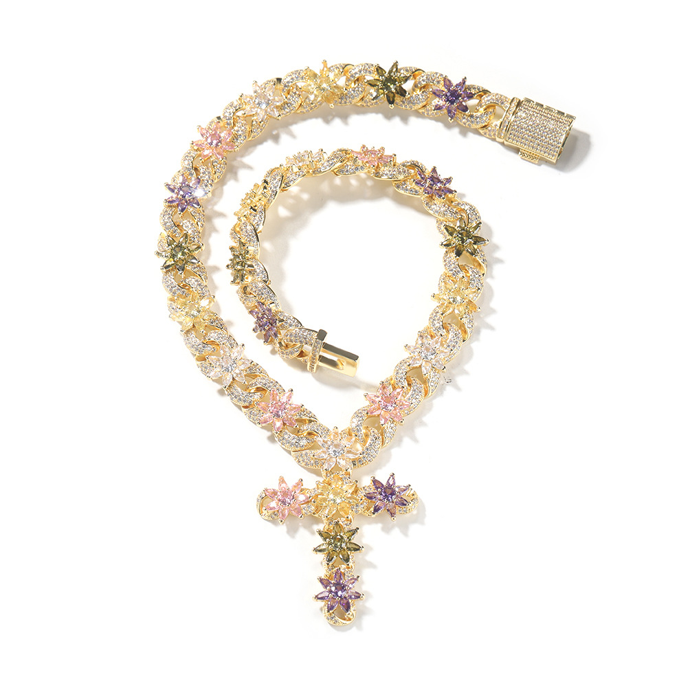 15mm カラフルアイスフラワー クロス キューバンチェーン - Men'S Fashion Gold Chain のレビューと価格