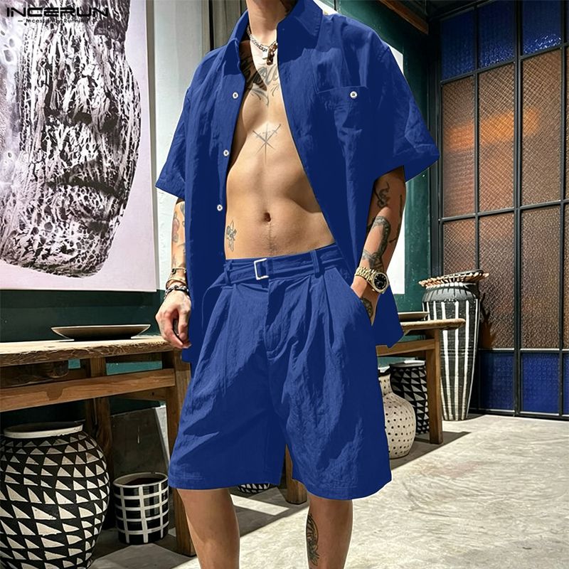 INCERUN メンズセット ソリッドラペル半袖シャツ ショ - Track Suit Men のレビューと価格