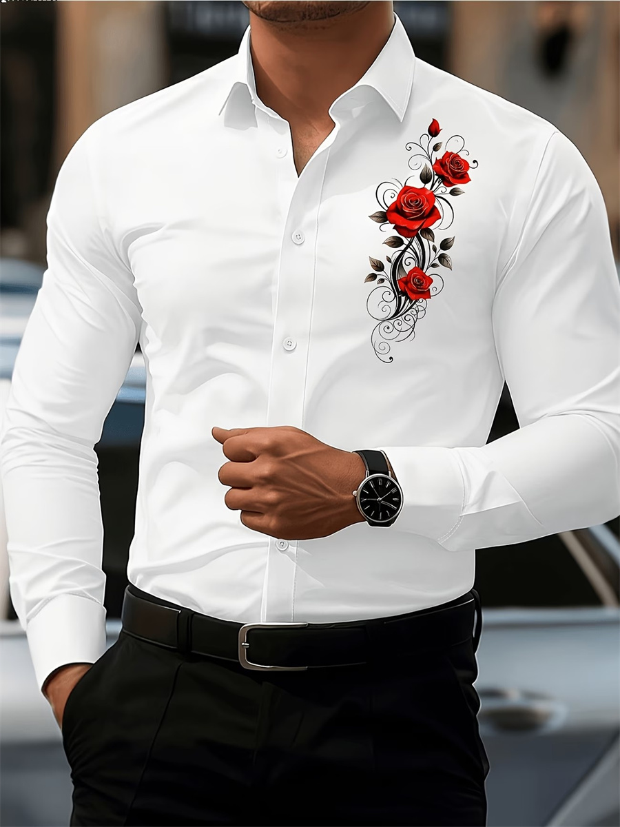 メンズ レッドローズプリント 長袖シャツ、ファッショナブルで - Men'S Fashion Trends のレビューと価格
