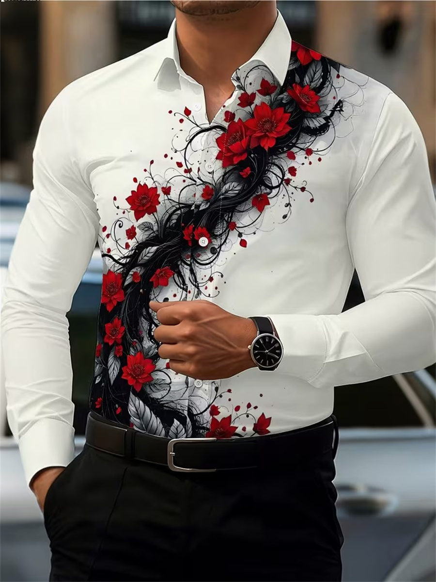 メンズ レッドローズプリント 長袖シャツ、ファッショナブルで - Men'S Fashion Trends のレビューと価格