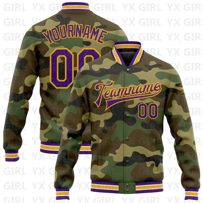 カスタムカモパープルゴールドフルスナップバーシティレターマン - Varsity Jacket Letterman のレビューと価格