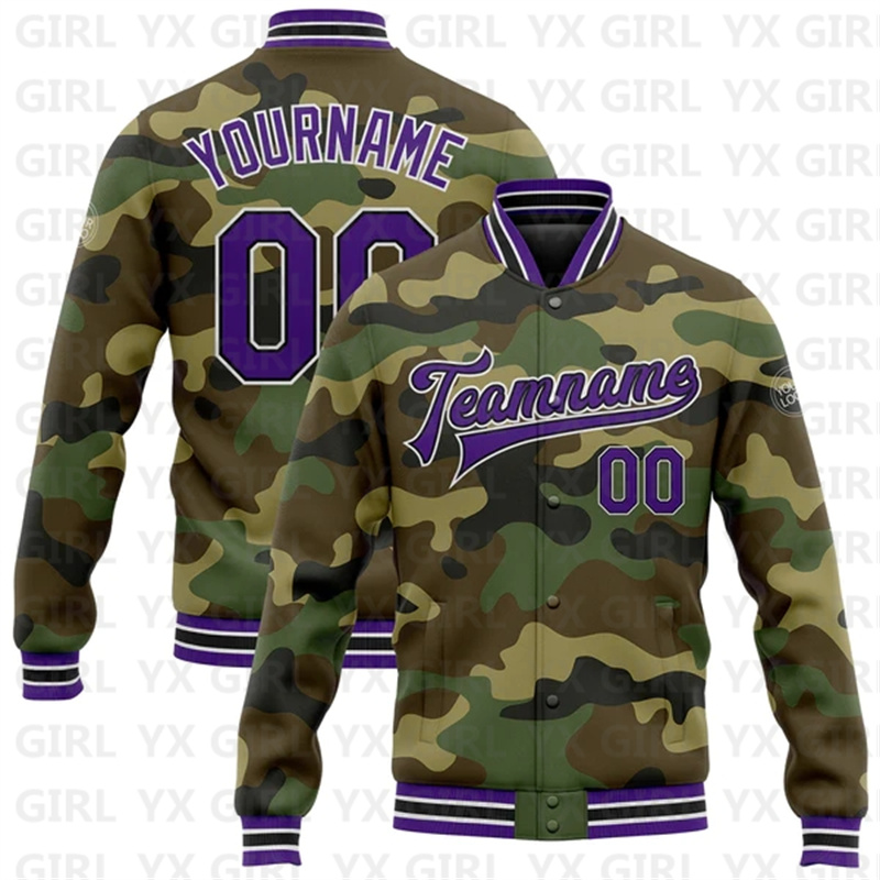 カスタムカモパープルゴールドフルスナップバーシティレターマン - Varsity Jacket Letterman のレビューと価格
